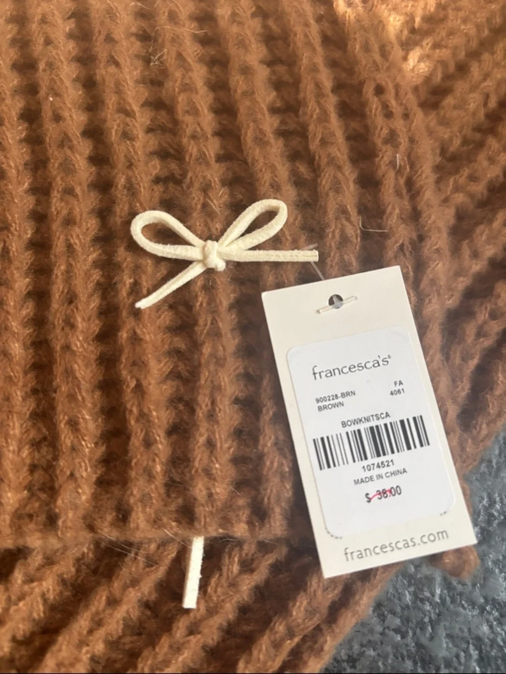 NWT Francesca’s Coquette Bow Chunky Ribbed Knit Scarf Camel Brown Tan